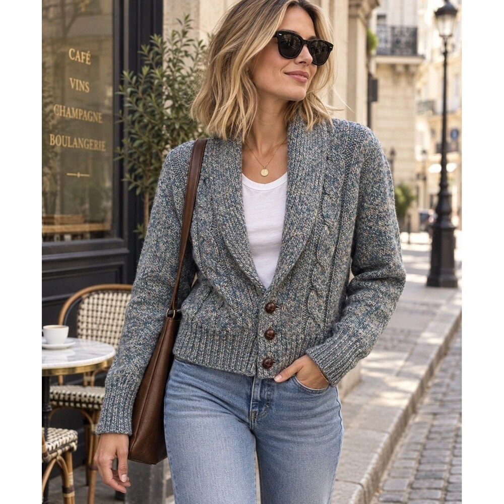 Honors Womens M Marled Wool Blend Cardigan Shawl Collar Cable Knit Vintage